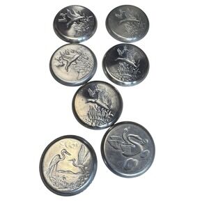 Vintage Pewter‎ Coasters Set of 7 Birds Geese Duck Crane Swan Embossed Drinkware